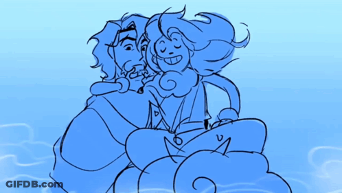 A Blue Drawing Of A Man And A Woman Sitting On A Cloud GIF