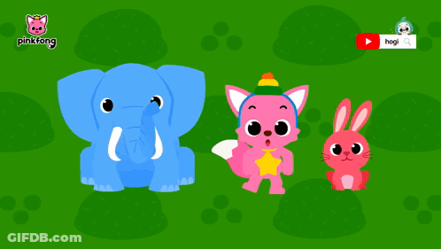 A Blue Elephant A Pink Cat And A Pink Rabbit Are On A Green Background With The Words Poop Poop Written Below Them GIF