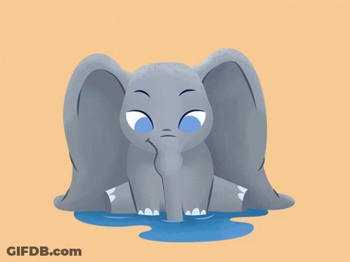 A Blue Elephant Is Sitting In A Puddle Of Water On A Yellow Background GIF
