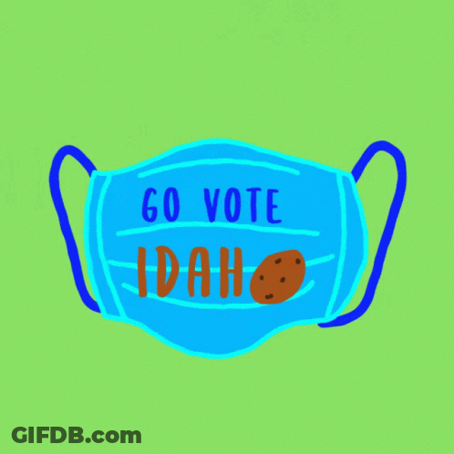 A Blue Face Mask With The Words Go Vote Idaho On It GIF
