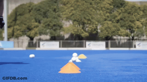 A Blue Field With A Few Cones And A Few Balls On It GIF