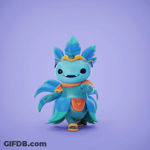 A Blue Figurine With Feathers On It 'S Head Stands On A Purple Background GIF