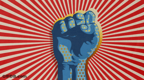 A Blue Fist With Stars On It Is Against A Red And White Background GIF