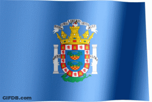 A Blue Flag With A Coat Of Arms And The Words " Libertas " On It GIF