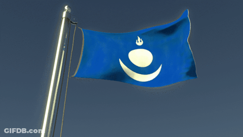 A Blue Flag With A White Circle And A Crown On It GIF