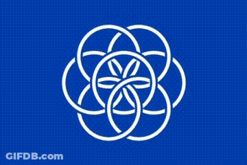 A Blue Flag With A White Flower On It . GIF