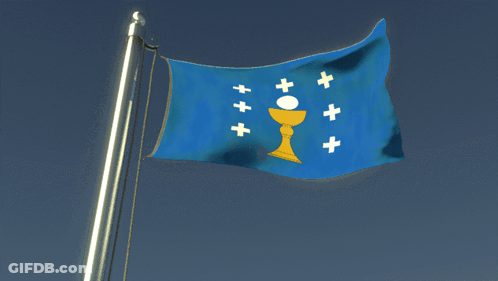 A Blue Flag With White Crosses And A Golden Chalice On It GIF