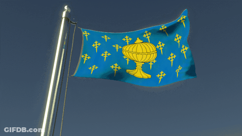A Blue Flag With Yellow Crosses And A Golden Goblet On It GIF