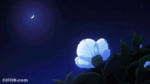 A Blue Flower With A Crescent Moon In The Sky GIF