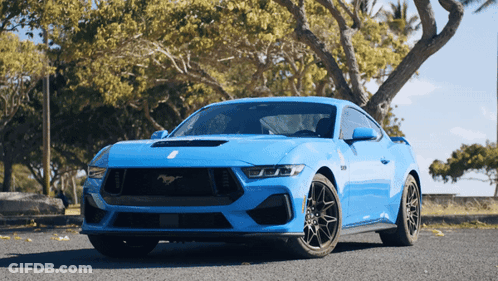 A Blue Ford Mustang Is Parked In Front Of A Tree GIF
