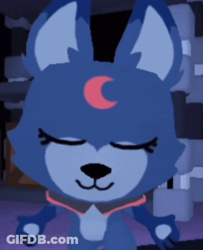 A Blue Furry Animal With A Pink Crescent Moon On Its Head GIF
