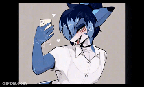 A Blue Furry Character Taking A Selfie With A Phone GIF
