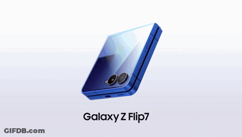 A Blue Galaxy Z Flip7 Phone Is Displayed On A White Surface GIF