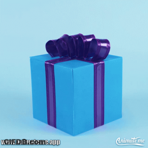 A Blue Gift Box With A Purple Ribbon And Animate Me Written On The Bottom GIF