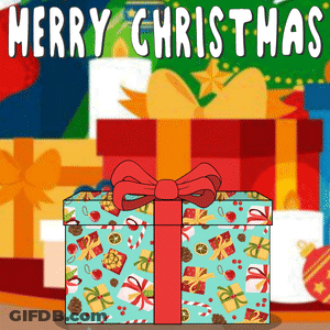A Blue Gift Box With A Red Bow And The Words Merry Christmas GIF
