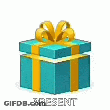 A Blue Gift Box With A Yellow Ribbon And Bow And The Word Present Written On It . GIF