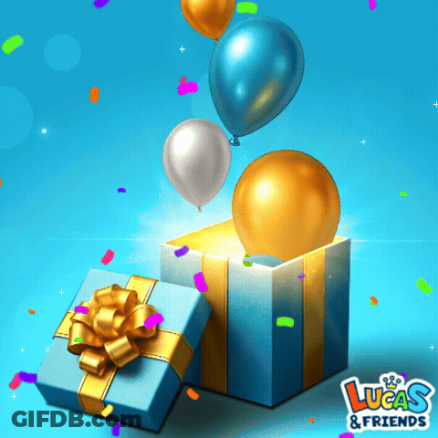 Blue Gift Box With Balloons And Lucas & Friends Text GIF