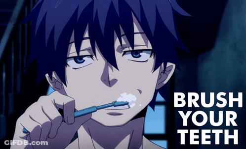 A Blue Haired Anime Character Brushing His Teeth With The Words Brush Your Teeth Behind Him GIF