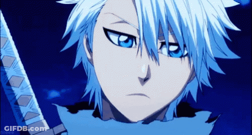 A Blue Haired Anime Character Is Holding A Sword In His Hand GIF