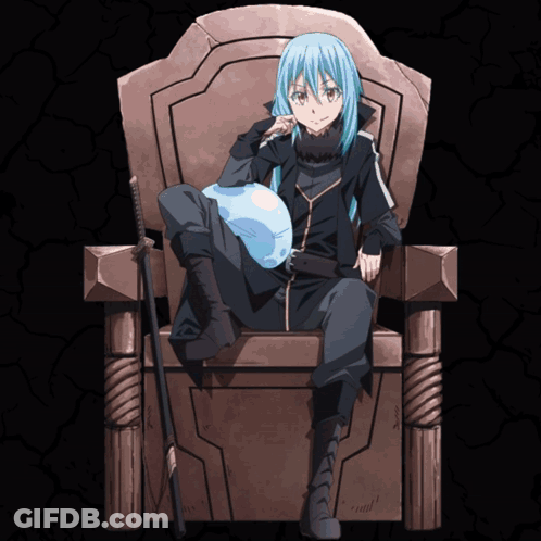 A Blue Haired Anime Character Is Sitting On A Chair With A Sword GIF