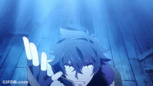 A Blue Haired Anime Character Is Standing In A Dark Room With His Hands Outstretched GIF