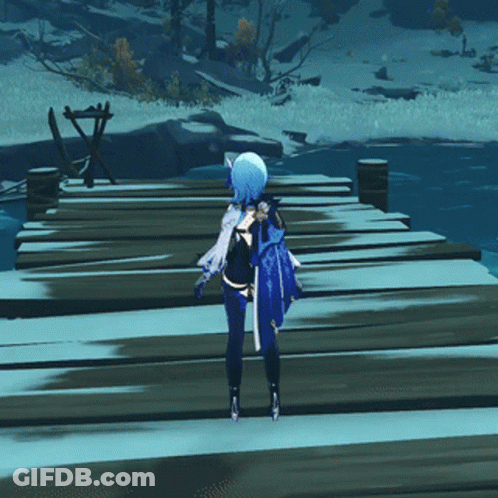 A Blue Haired Anime Character Is Standing On A Dock GIF