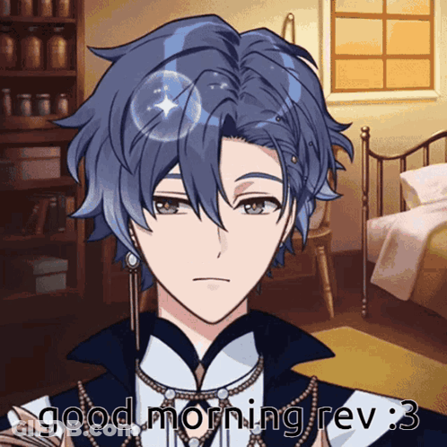 A Blue Haired Anime Character Says " Good Morning Rev 3 " GIF