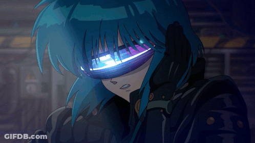 A Blue Haired Anime Character Wearing A Black Jacket And A Pair Of Glasses GIF