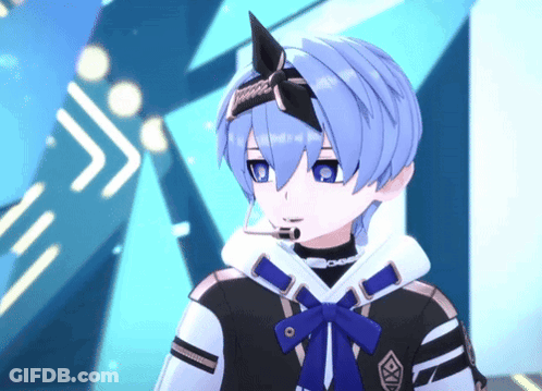 A Blue Haired Anime Character Wearing A Microphone GIF