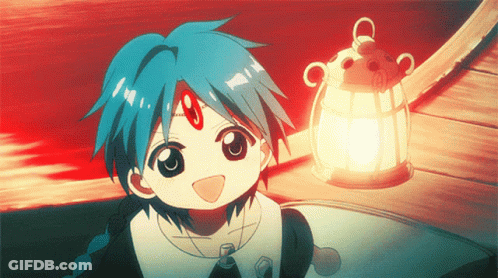 A Blue Haired Anime Character With A Red Circle On His Forehead Is Smiling Next To A Lantern GIF