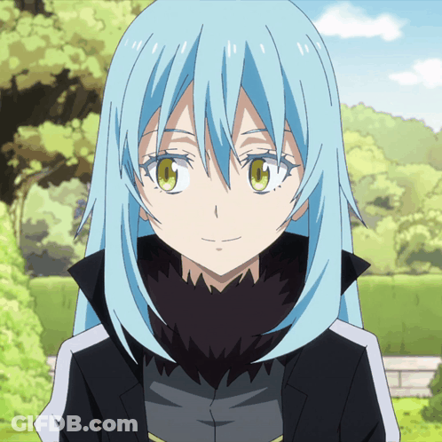 A Blue Haired Anime Character With Green Eyes And A Black Jacket GIF
