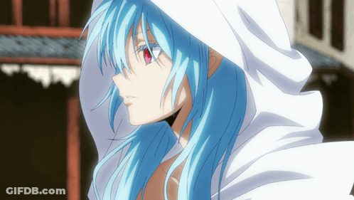 A Blue Haired Anime Character With Red Eyes And A White Hood GIF