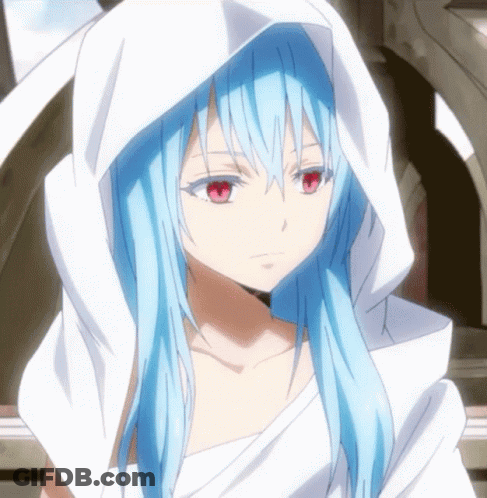 A Blue Haired Anime Character With Red Eyes And A White Hood GIF
