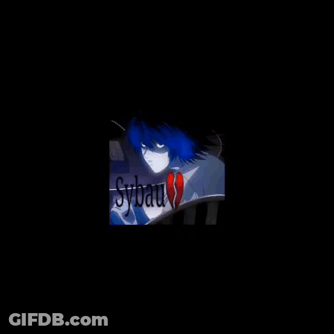 A Blue Haired Anime Character With Sybau Written On The Bottom Right GIF