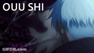 A Blue Haired Anime Character With The Word Ouu Shi Written Above Him GIF