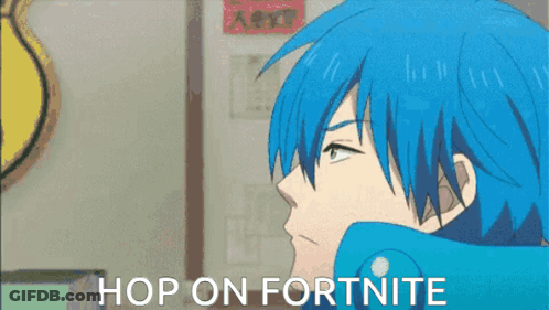 A Blue Haired Anime Character With The Words Hop On Fortnite Above Him GIF