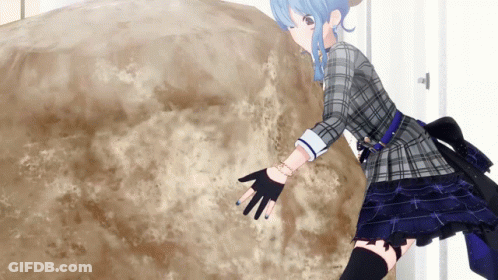 A Blue Haired Anime Girl In A Plaid Dress Reaches Out Towards A Pile Of Dirt GIF