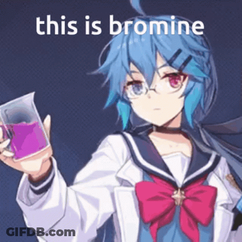 A Blue Haired Anime Girl Is Holding A Beaker With Purple Liquid In It And The Words " This Is Bromine " Behind Her GIF
