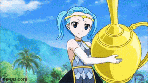 A Blue Haired Anime Girl Is Holding A Large Gold Vase GIF