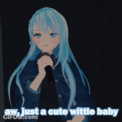 A Blue Haired Anime Girl Singing Into A Microphone With The Words Aw Just A Cute Wattle Baby Behind Her GIF