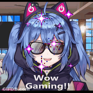 A Blue Haired Anime Girl Wearing Sunglasses And A Cat Hat Says Wow Gaming GIF