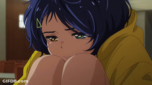 A Blue Haired Anime Girl With A Yellow Hoodie GIF