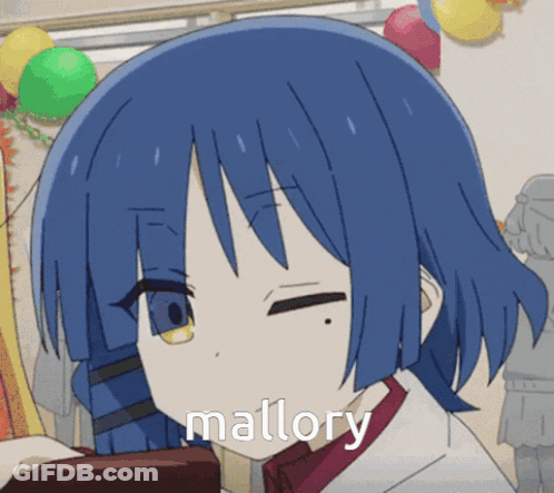 A Blue Haired Anime Girl With The Word Mallory Written On Her Face GIF