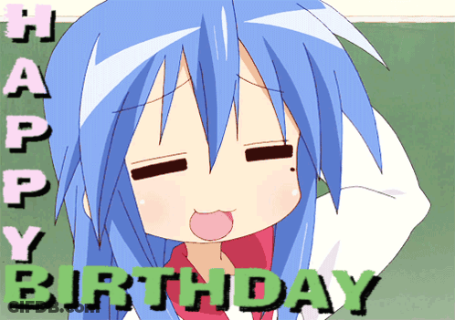 A Blue Haired Anime Girl With The Words Happy Birthday Behind Her GIF