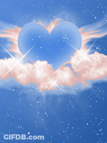 A Blue Heart Is Surrounded By Pink Clouds In The Sky GIF