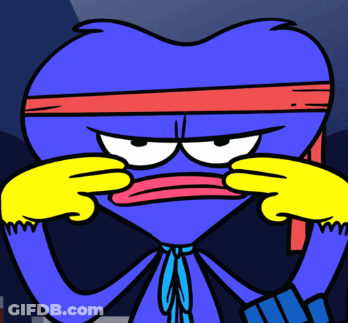 A Blue Heart With A Red Headband And Yellow Gloves Is Making A Funny Face GIF