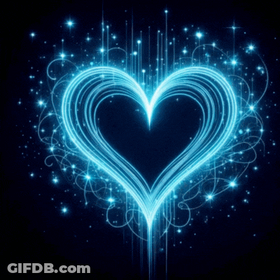 A Blue Heart With Swirls And Stars On A Dark Background GIF