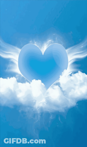 A Blue Heart With White Wings Floating In The Sky GIF