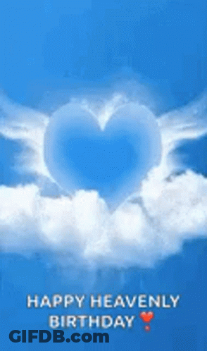 A Blue Heart With White Wings Is Floating In The Sky . GIF
