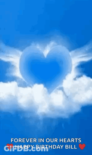 A Blue Heart With Wings Is Floating In The Clouds . GIF